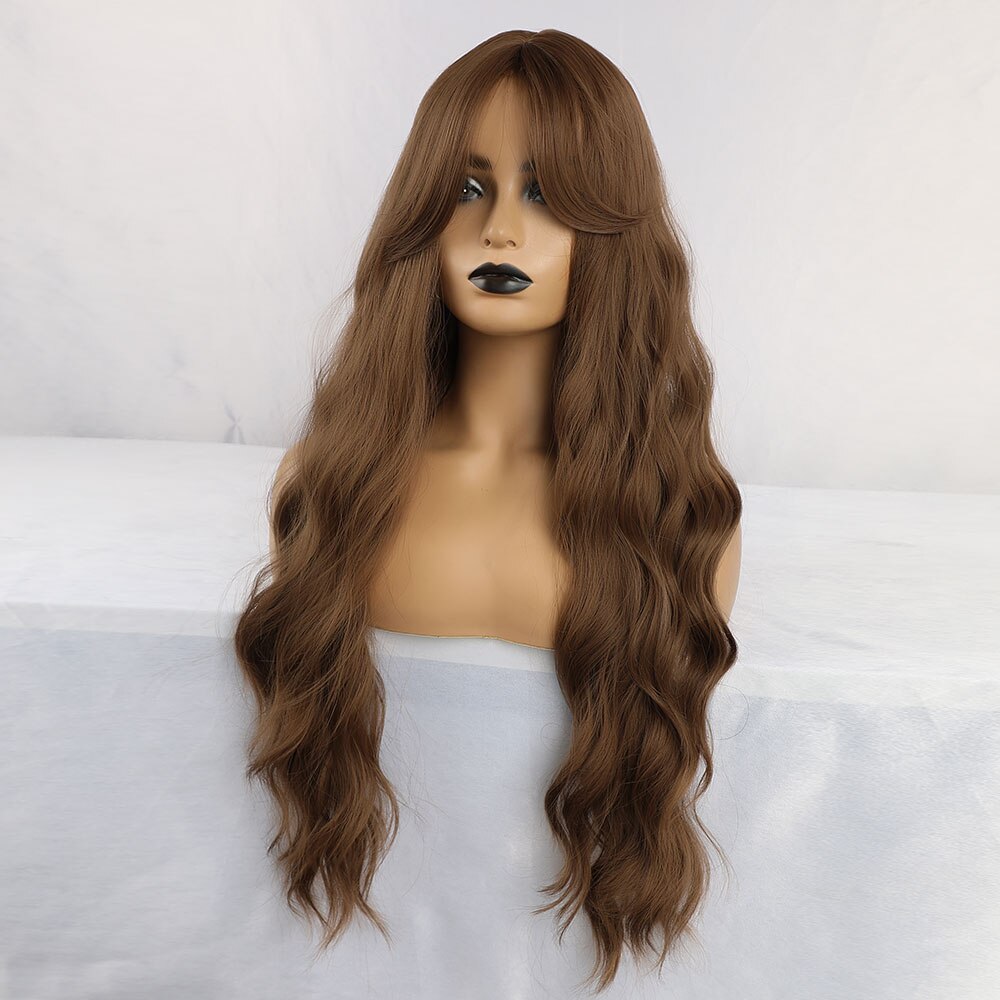 Jonrenau sintético marrom escuro longo ondulado perucas de cabelo com franja lateral resistente ao calor perucas de fibra para preto branco