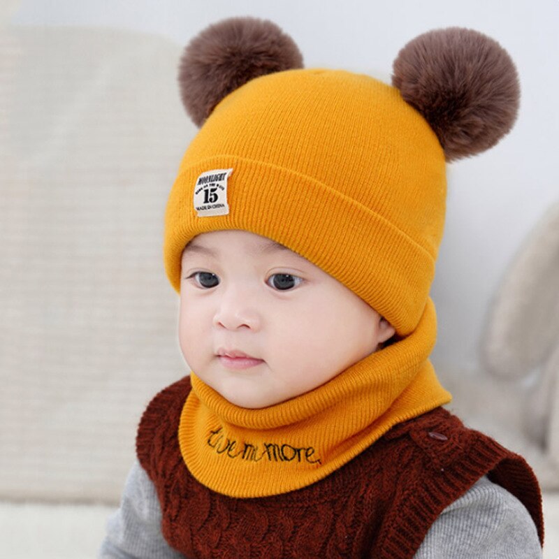 Herfst winter baby mutsen voor kinderen sjaal set pompom meisjes jongens mutsen mutsen kinderen pasgeboren muts: Geel / Sjaal muts