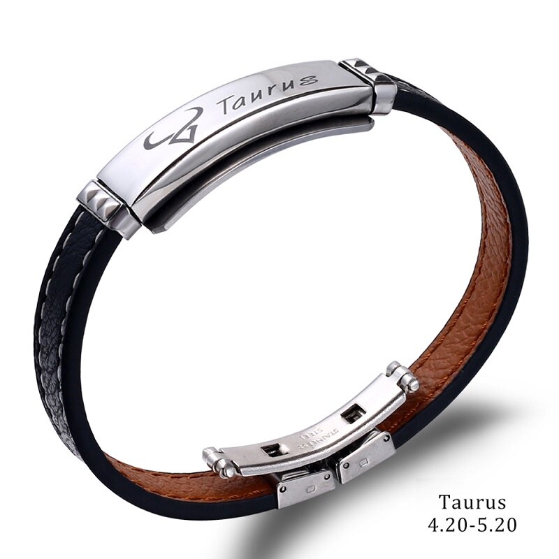 Pulsera de acero inoxidable con 12 Constelaciones para hombre, joyería de , Charm, cuero negro, signos del zodiaco informales, Punk,: taurus