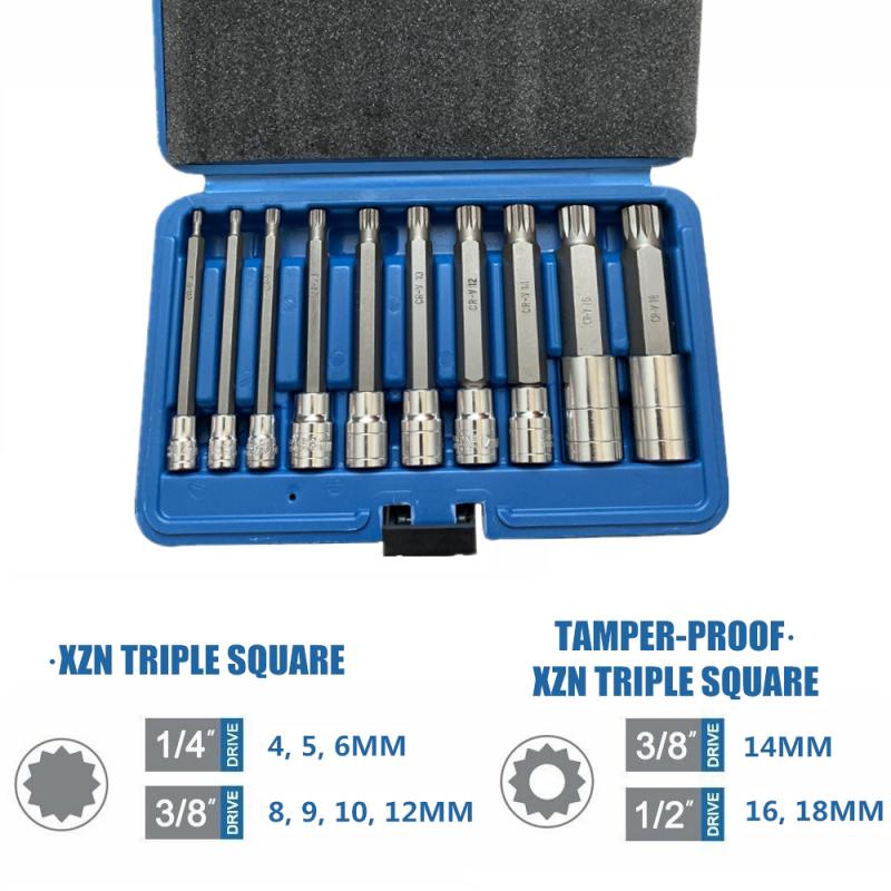 10PCS XZN Triple Vierkante Spline Bit Socket Set 1/4 "3/8" 1/2 Tamper Proof Lange Bereiken Machine Reparatie auto Reparatie Professionele Tool