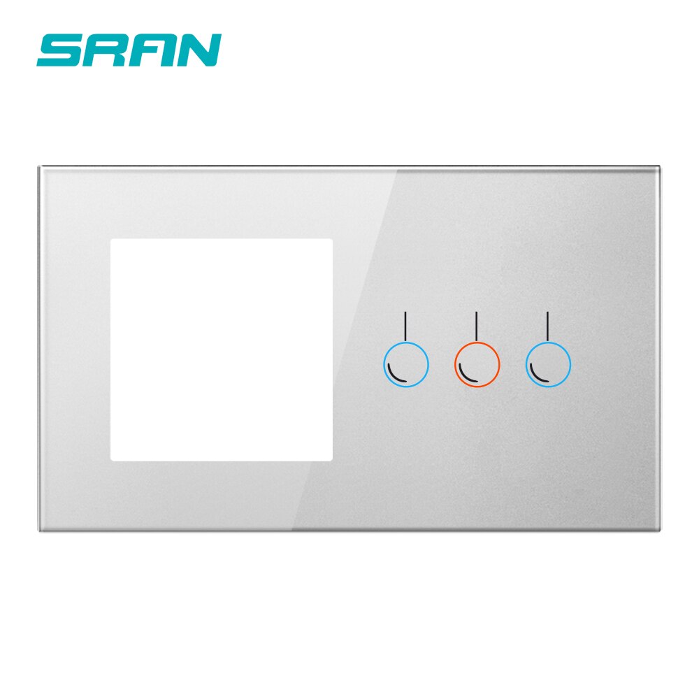 Sran Leeg Paneel Met Installeren Ijzeren Plaat 146Mm * 86Mm White Crystal Gehard Glas Touch Schakelaar Aansluitpaneel combinatie Module: Sliver 3Gang