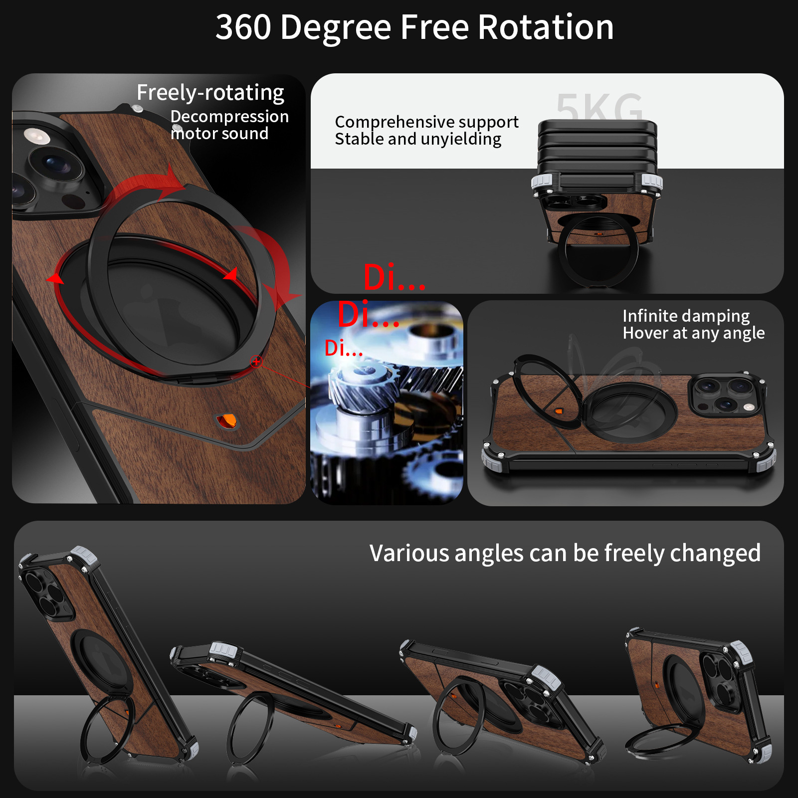 Coque de téléphone en bois massif pour iPhone 13 14 15 16 Pro Max avec Magsafe 360 ° Support de béquille rotatif, coques de protection sans cadre