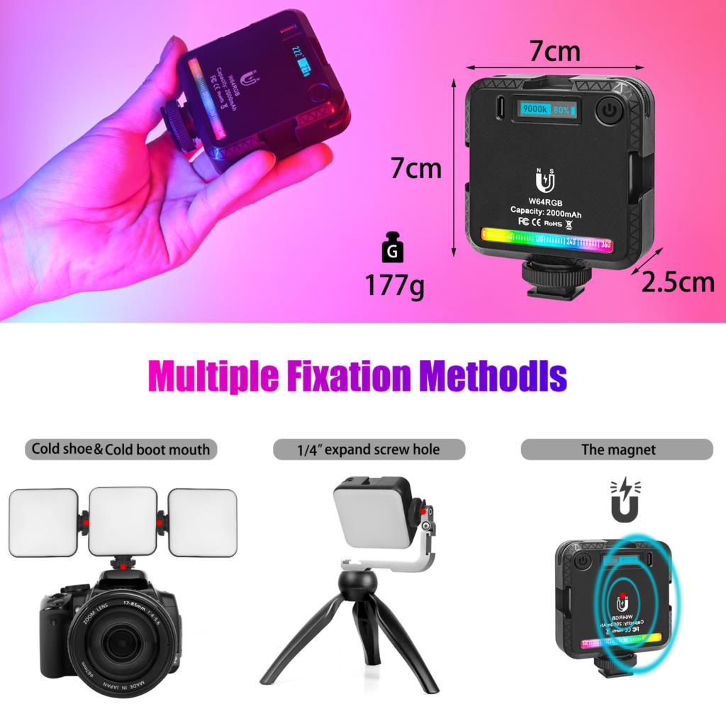 W64 Mini LED RGB Licht 2500K-9000K Dimmbare 20 Effekte LCD Anzeige 3 Kalten Schuh Halterungen Magnetische auf DSLR Kamera Tasche Video Licht