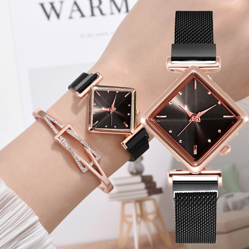 Conjunto de relojes de pulsera magnéticos para mujer, pulsera cuadrada de lujo de cuarzo, reloj de vestir femenino,