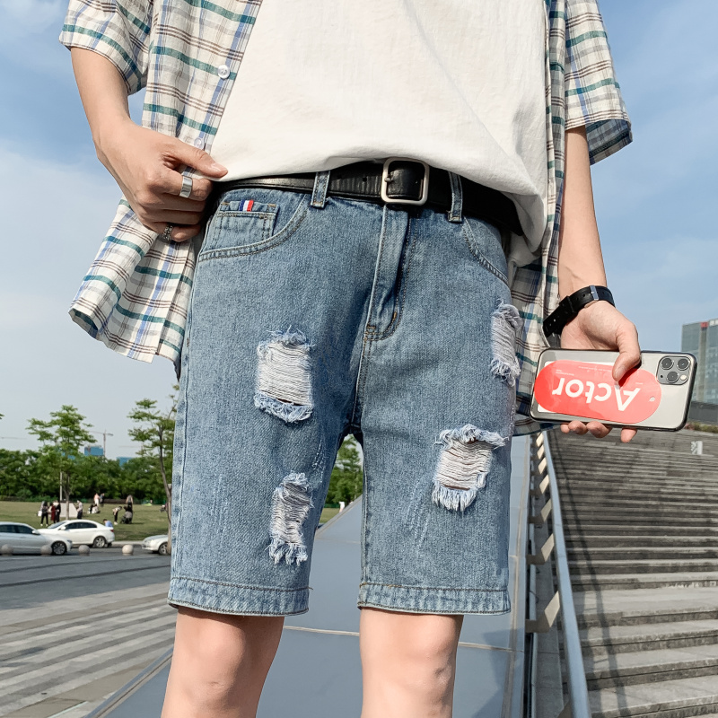 Jean shorts afslappet revet hul streetwear denim shorts til mænd