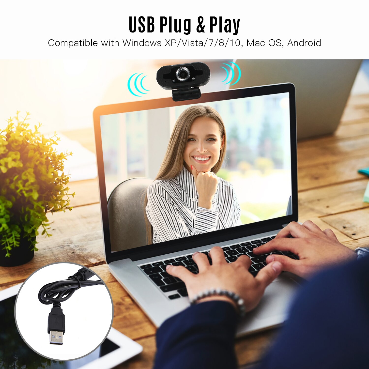 1080P HD Computer Camera Video Conference Camera Webcam 2 Megapixels Manual Focus with Microphone Multi-Functional Base USB Plug