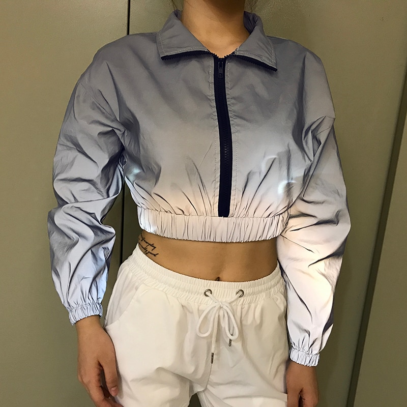 Weekeep streetwewar cropped reflekterende jakke kvinder løs pullover lynlås turn down krave jakker elastisk talje bomber jakke