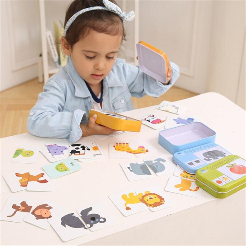 Kids Baby Cognitive Puzzle Cards Montessori Educational Toys Matching Game Cartoon Vehicle Animal Fruit English Learning Cards