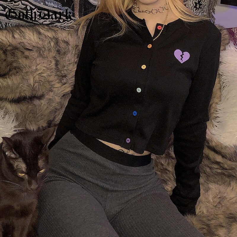 Goth Dark Long Sleeve Gothic T-shirts Women Harajuku Punk Grunge Autumn Winter Cropped Female T-shirt Button