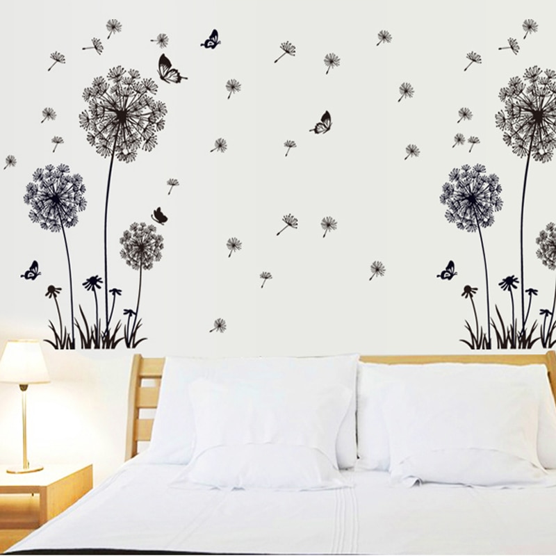 Pegatina negra, calcomanías creativas para cubierta de pared de diente de león, calcomanías de vinilo removibles para el hogar, decoraciones para el salón