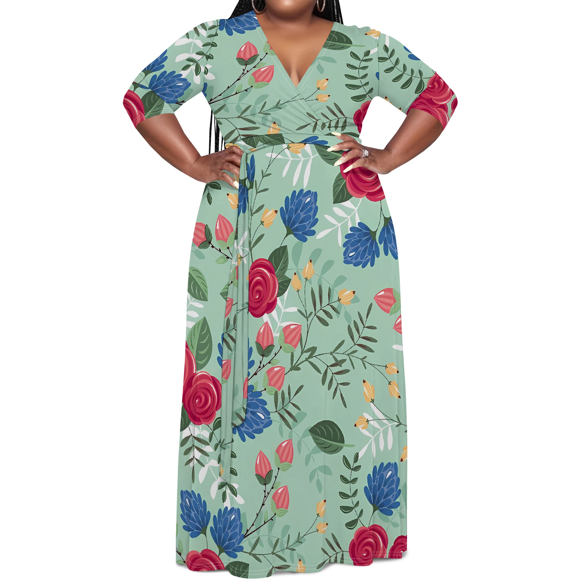 Plus size grøn blomsterprint slå-om maxikjole til kvinder sommer afslappet ferietøj: 4xl / Blå