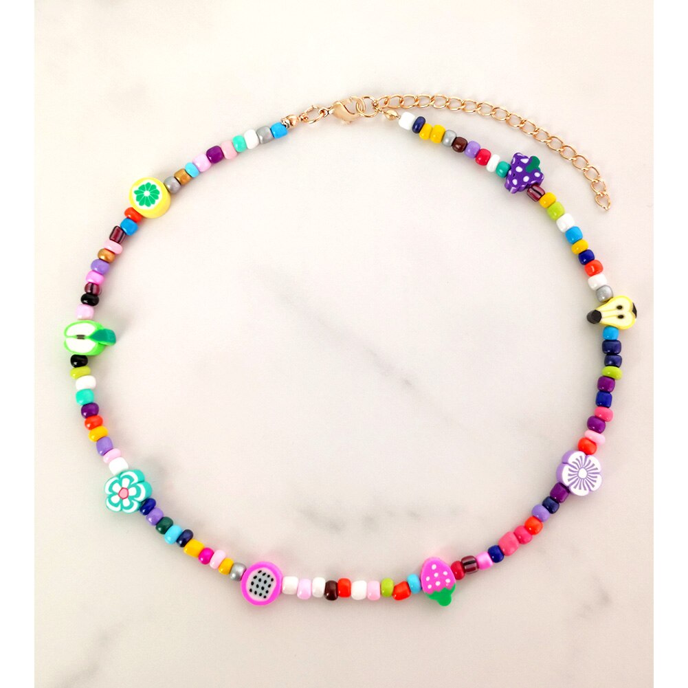 Multilayer Smiley Face Color Seed Beaded Necklaces For Women Handmade Fruit Heart Pearl String Beads Choker Summer Beach Jewelry