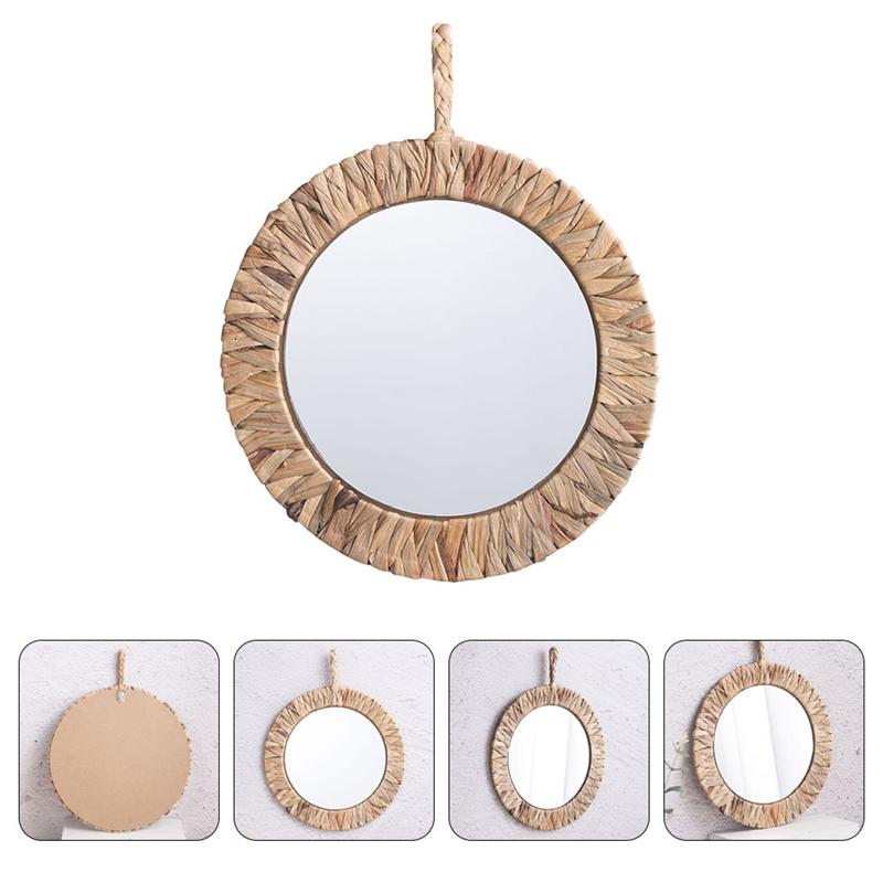 1Pc Idyllic Rattan Woven Mirror Natural Wall-mounted Mirror Bedroom Decor Khaki