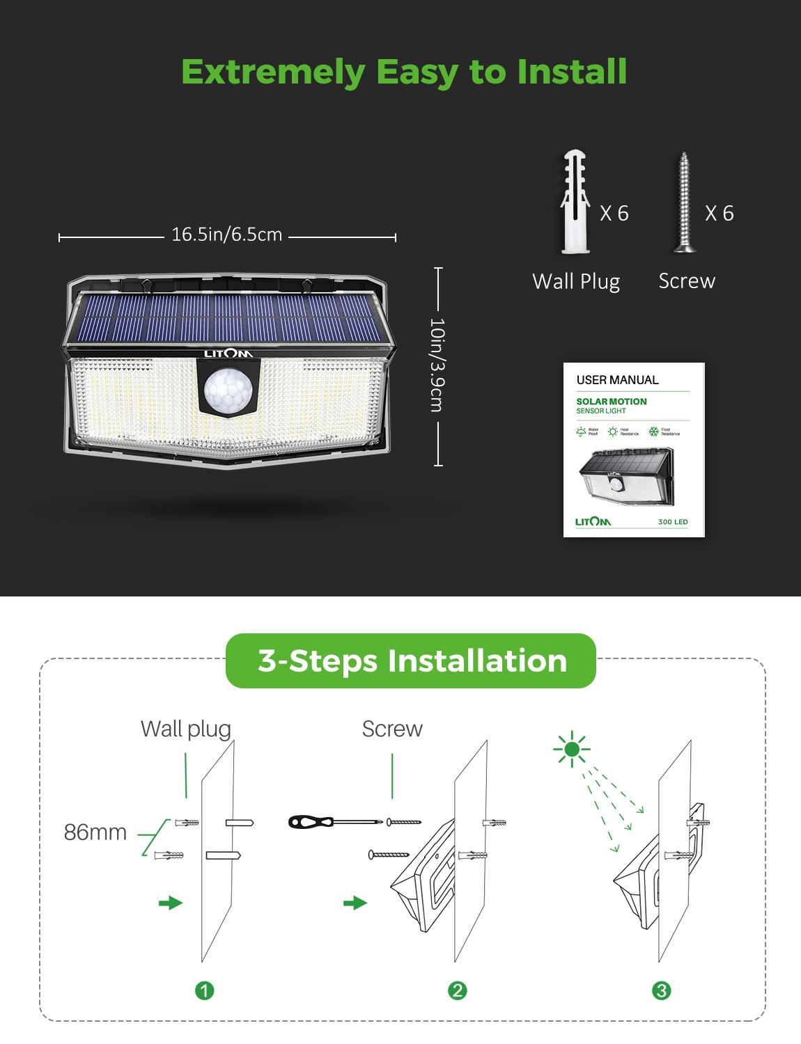 2 paquets LITOM 300 LED lumières solaires jardin amélioré PIR capteur de mouvement lumières IP67 étanche 3 Modes intelligents lampes murales solaires