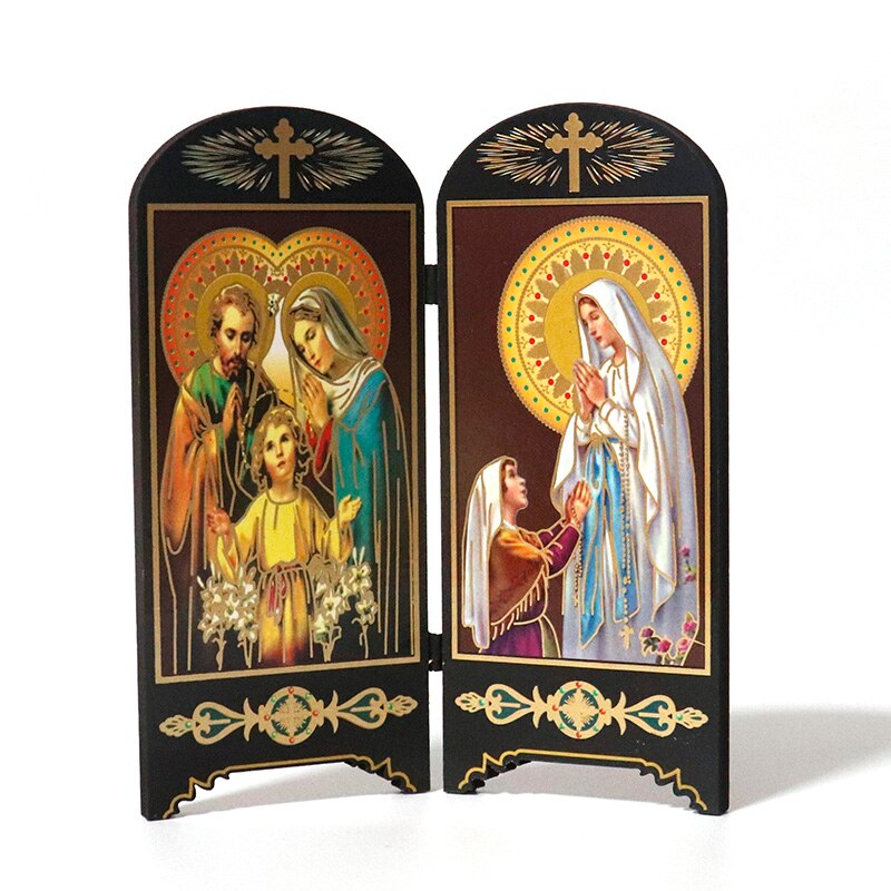 Articulos religiosos catolico religiøs figur ikon dobbeltskærm skrivebord dekoration jesus kristus hellige hjerte jomfru maria figurer: 46-5