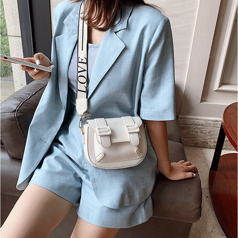 Female Wide Strap Shoulder Bag Solid Color Crossbody Bags For Women Exquisite INS Saddle Bag