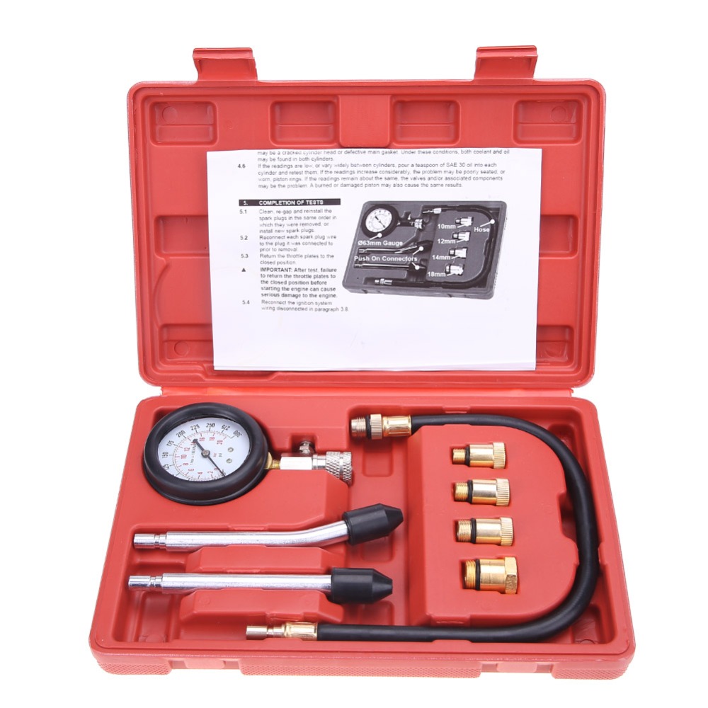 Testador de compressão medidor pressão tester kit motor automático a gasolina gás cilindro do motor da motocicleta do carro medidor pressão com adaptador