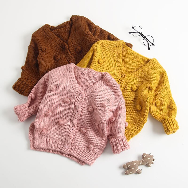 Høst baby håndlaget boble ball genser strikket cardigan jakke baby genser kåpe jenter cardigan jenter vinter gensere