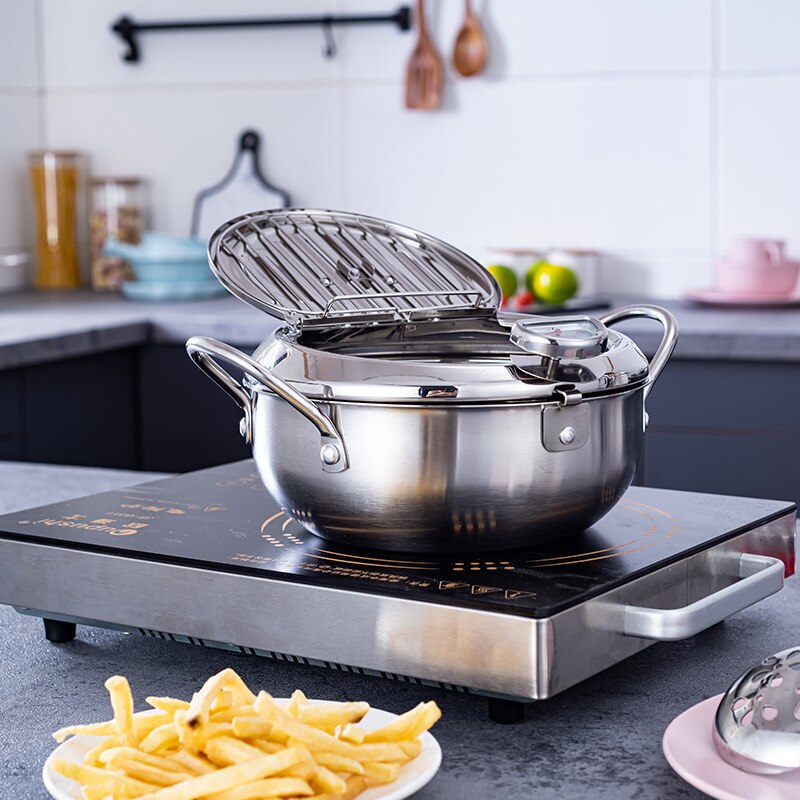 Kitchen Deep Frying Pot Thicken Thermometre Tempura Fryer Pan Temperature Control Fried Chicken Pot Cooking Tool Stainless Steel