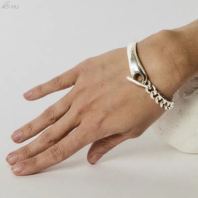 Aomu 2020 novo vintage metal grosso corrente prata cor pulseira hip hop splicing pulseira para mulheres casal jóias festa