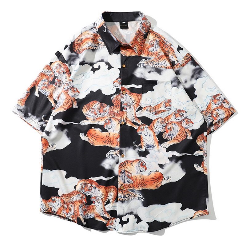 Zomer heren overhemd etnisch bedrukt tijgerprint kraag katoenen korte mouwen los bloemen henley overhemd bloemen overhemd