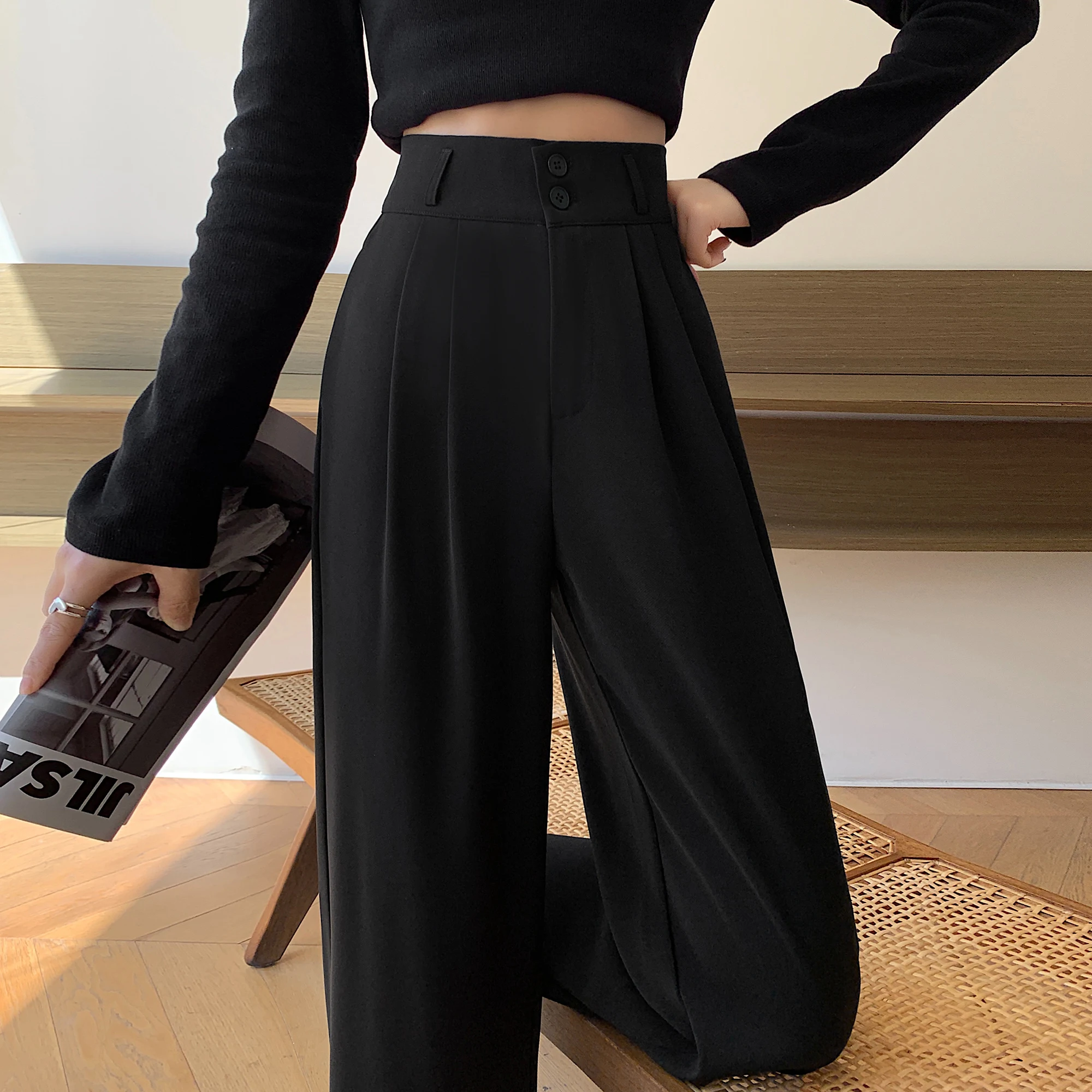 Spring Summer White High Waist Suit Wide Leg Women's Pants Female Buttons Minimalism Straight Loose Trousers: XXL / black