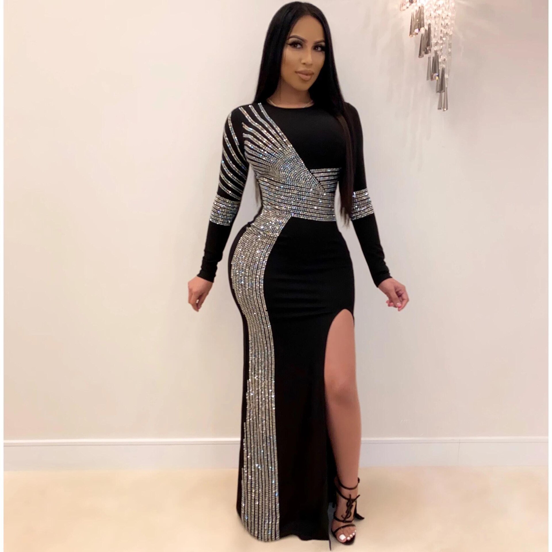 Afrikanische max Kleider Für Frauen Schwarz afrikanisch Langen Kleid Pailletten Oansatz Langen Ärmeln Täglichen Kleid Abendkleid Party Kleid