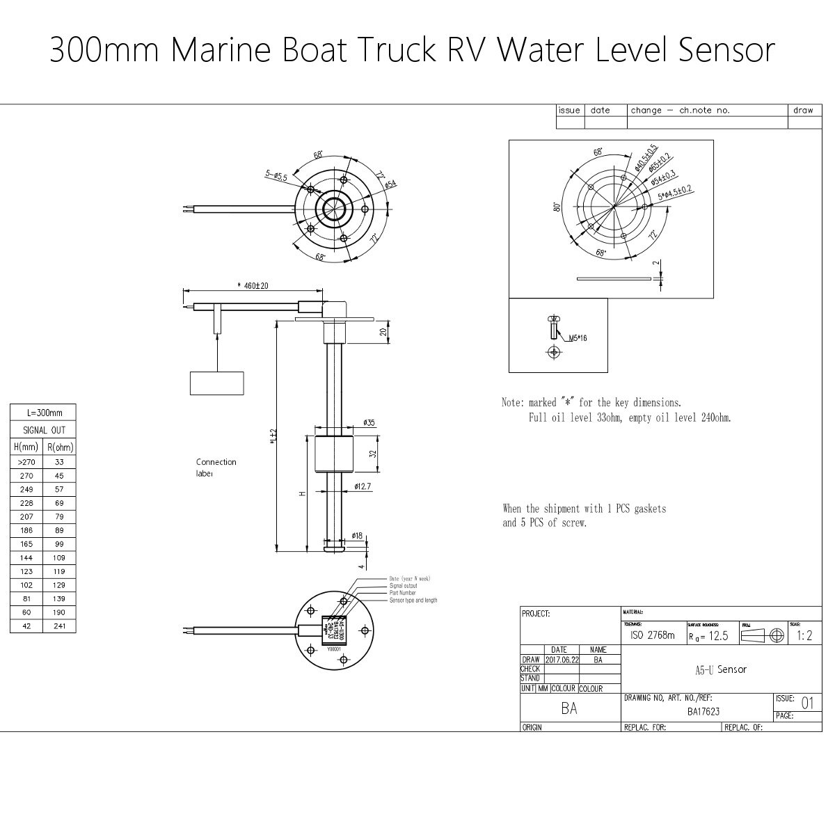 300mm drivstoffnivå sensor båt lastebil bil drivstoff sender enhet marine rv vann nivå måler sensor 240-33 ohm rustfritt stål båt