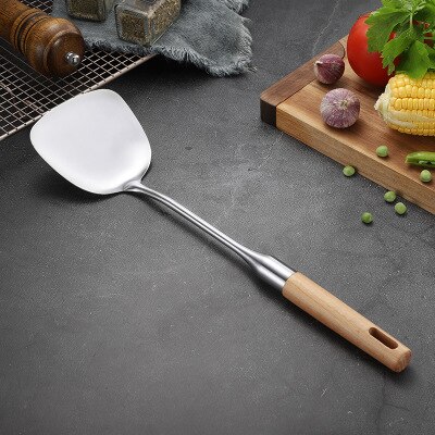 Espátula para utensilios de cocina, cuchara con colador, cucharas para sopa, pala ranurada, utensilios de cocina de acero inoxidable, batería de cocina mango de madera, cocina: Spatula