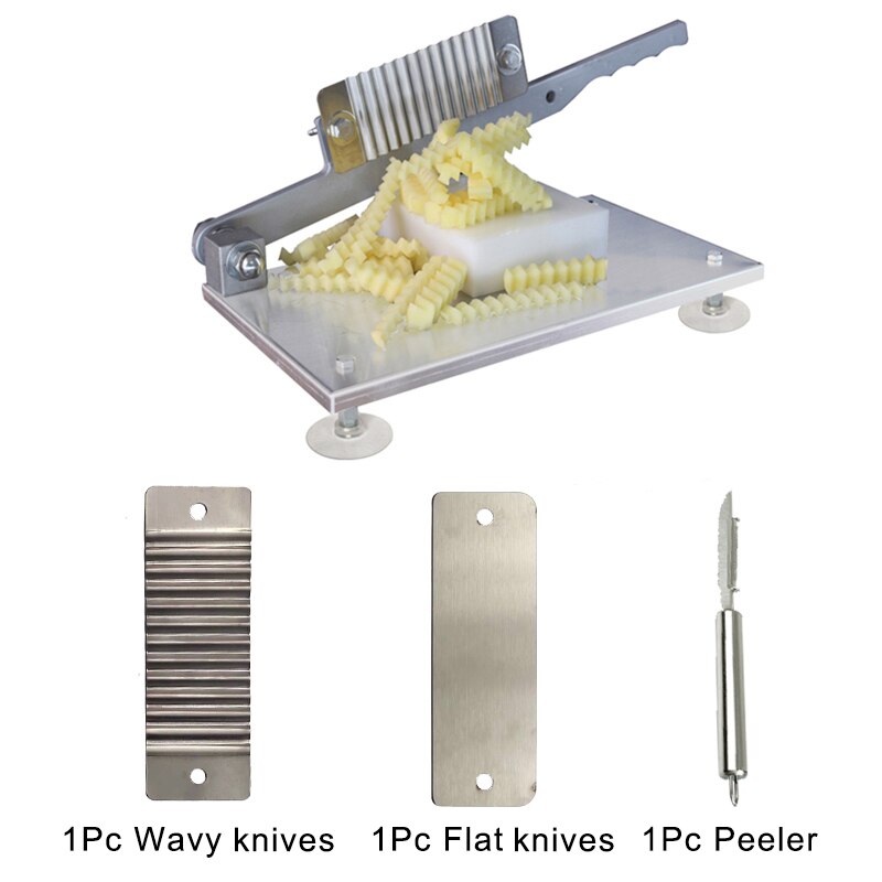 Commercial Stainless Steel Potato Chip Slicer French Fries Potato Cutter Potato Wavy Slicing Kitchen Vegetable Fruit Knives Tool: With 3 Kinds knives