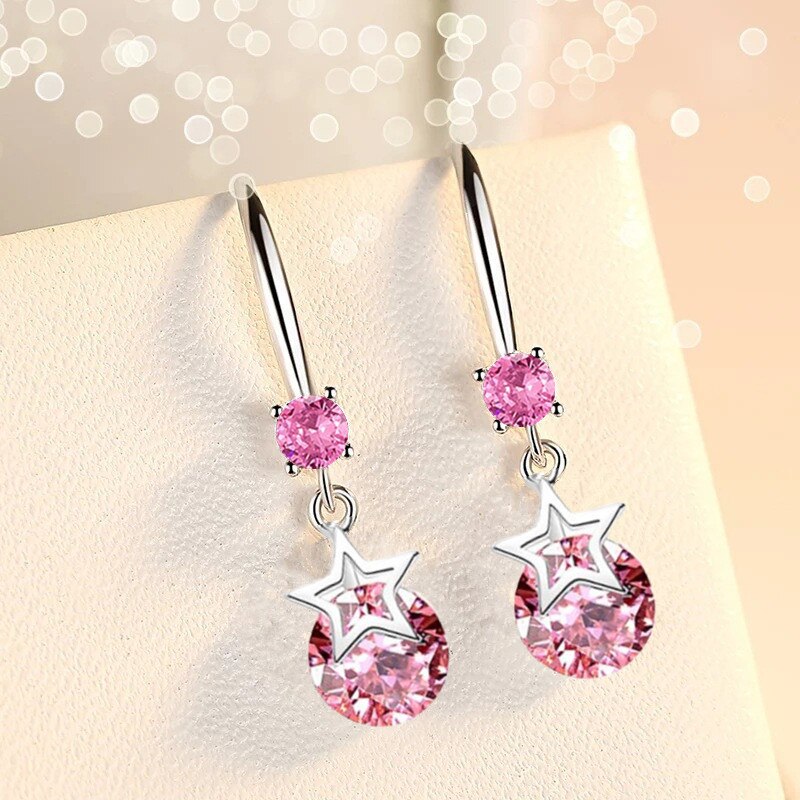 NEHZY 925 sterling silver woman jewelry blue pink crystal zircon five-pointed star long tassel retro hook earrings: 210