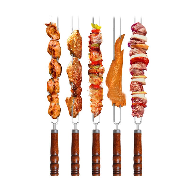 1PCS Barbecue Skewers U-Shaped BBQ Forks Stainless Steel Wooden Handle Double BBQ Sticks Corn Barbecue Fork