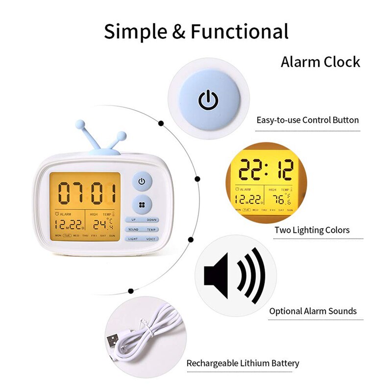 USB Rechargeable Retro TV Set Alarm Clock Digital Clocks LED Time Temperature Date Week Display Alarm Clock