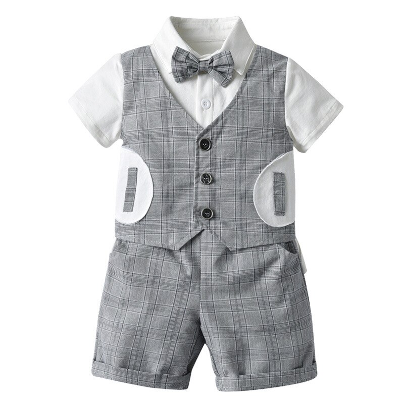 little gentleman summer plaid shirt baby boy Cotton children kids clothes baby party 6-36 Months [ shirts + pants ]