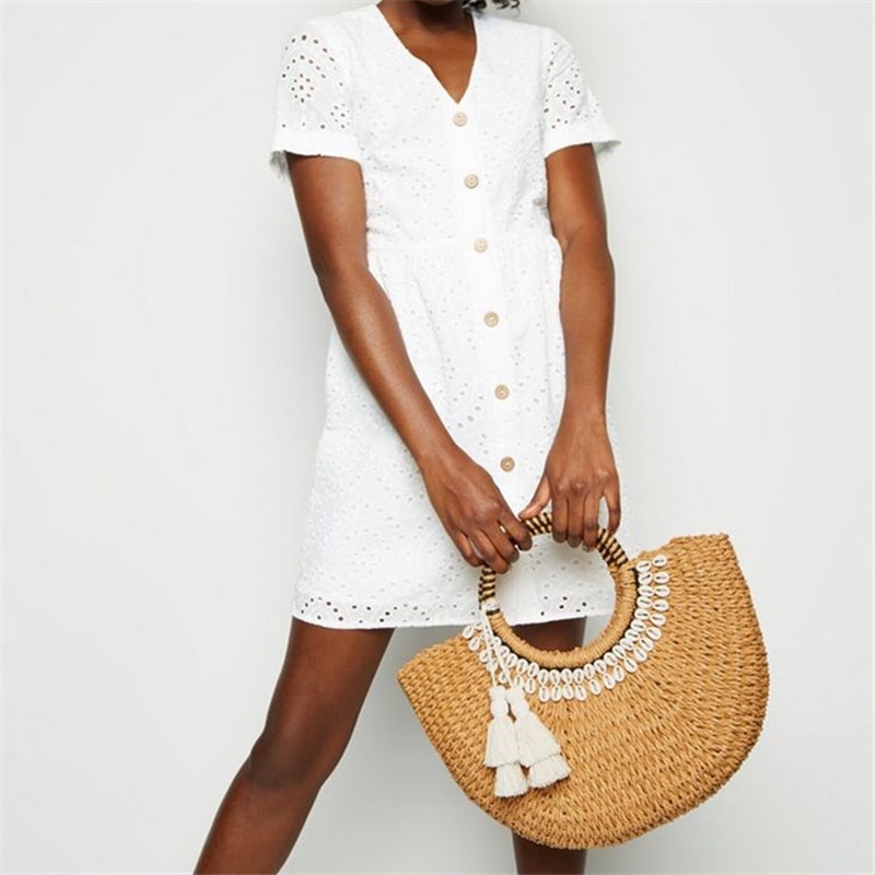 woman shell moon straw bag Scarf plus hair ball decoration Straw bag portable woven beach handbag