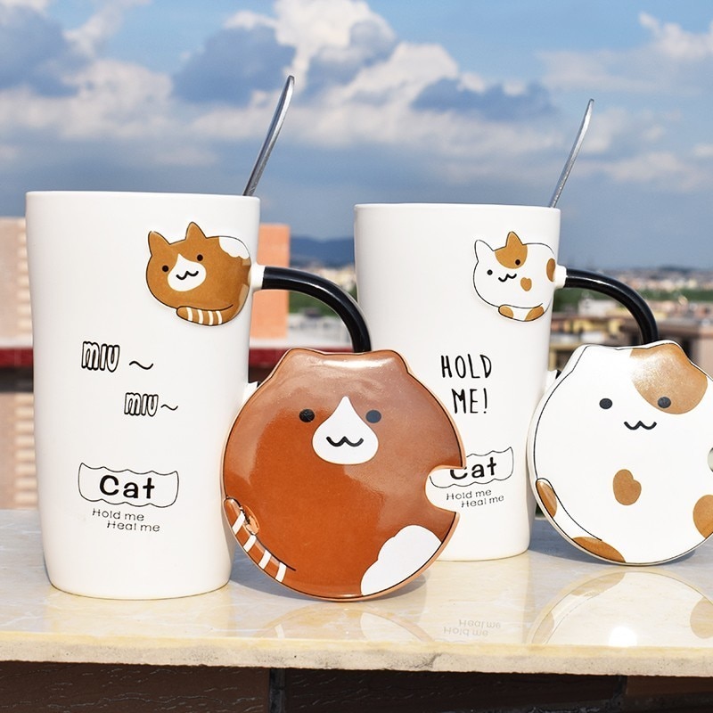 Sød kat keramik kaffekrus med låg stor kapacitet dyrekrus drikkevare kaffe te kopper nyhed mælkekop