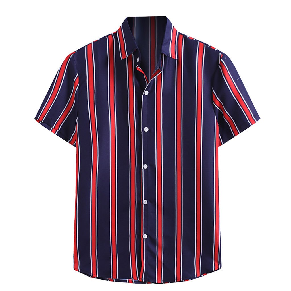 Sommerskjorte til mænd rødstribet kortærmet skjorte med tryk behagelig top herretøj платье рубашка#gh: Flåde / Xxxl