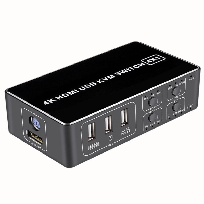 4K HDMI KVM Switch 4Ind 1Ud - USB, Tastatur, Mus, Printer, Skærm