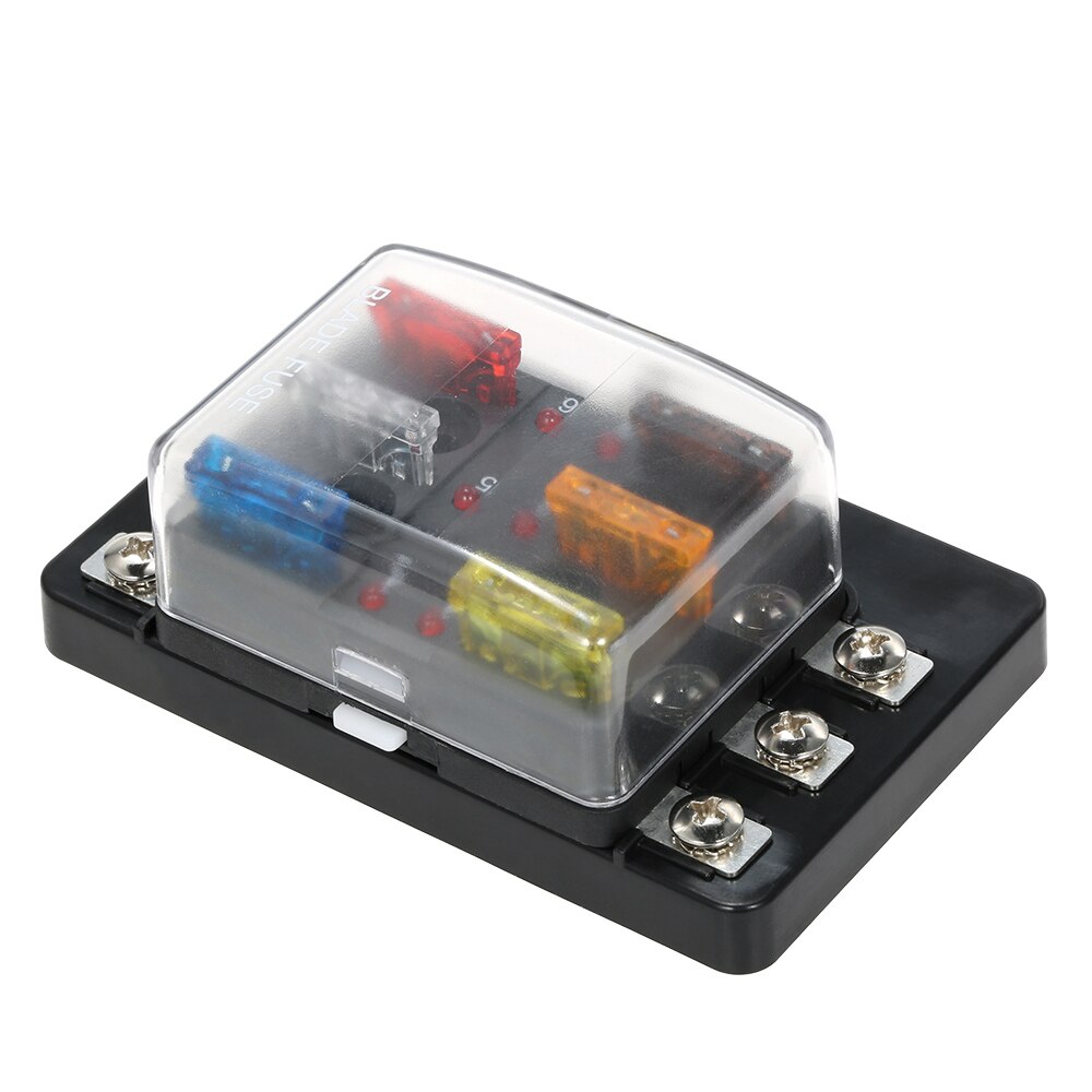 12V 24V 6 Way Plastic Cover Blade Fuse Box Holder M5 Stud with LED Indicator Fuse Block Accessories for Car Boat Marine Caravan