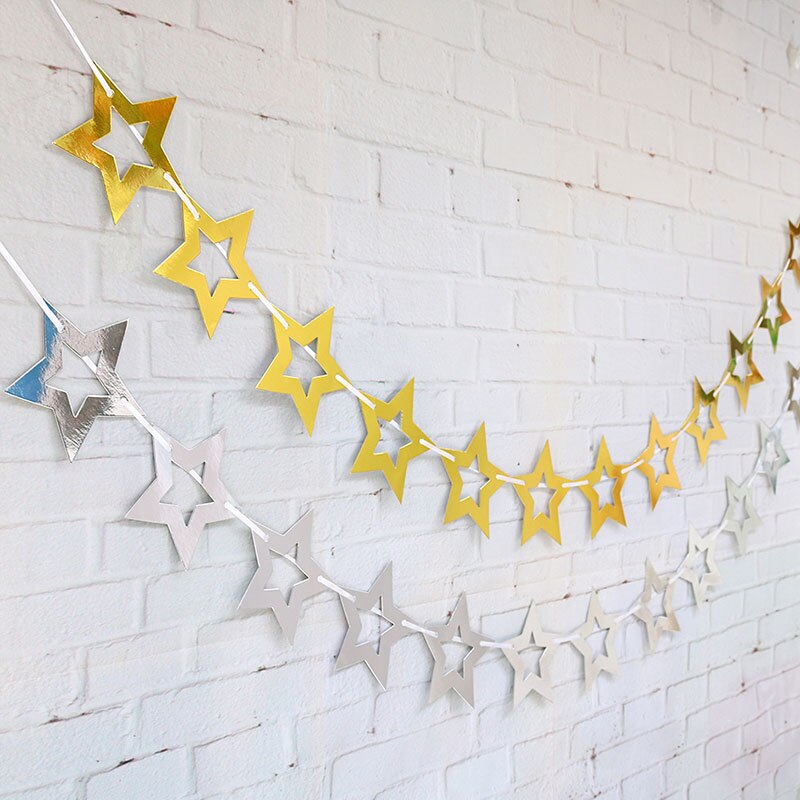 Heldere Goud Zilver Star Party Decoratie Hollow Star Papier Slingers Bruiloft Decor Verjaardag Feestartikelen Nursery Room Decor