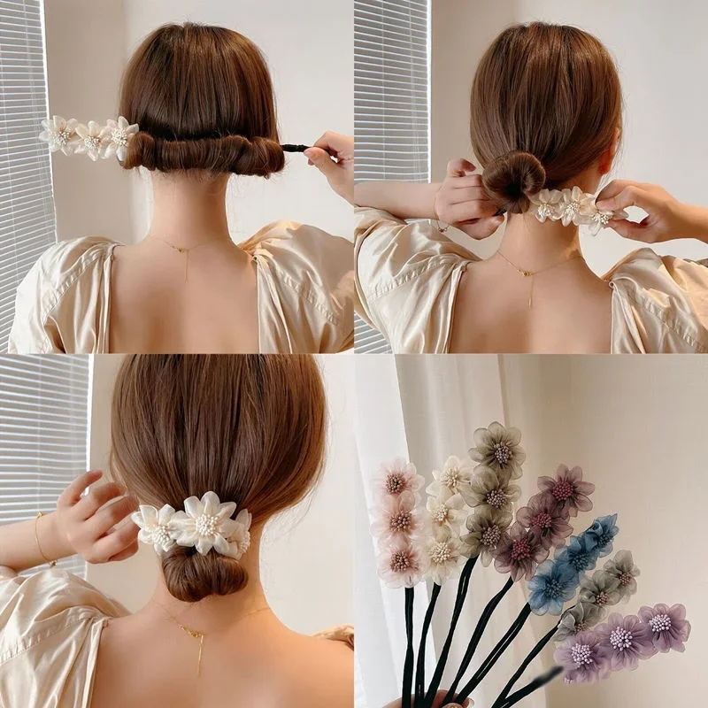 Diadema de gasa con flores para mujer, herramienta para hacer peinados, cuerda para el pelo dulce, accesorios Coreanos
