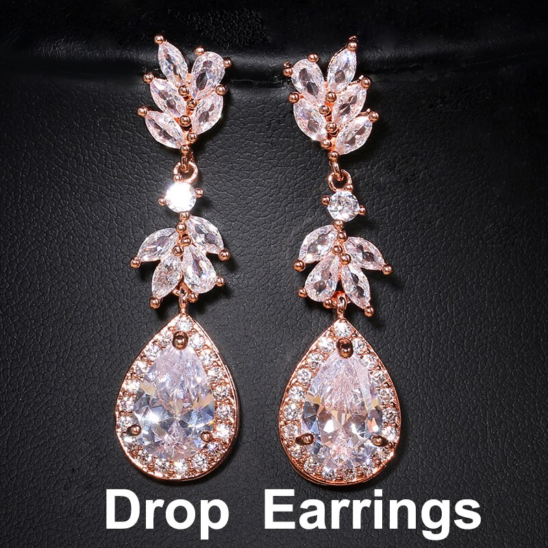 Leaf Zircon Clips Earrings for Women Silver Color Water Clip Earings Long Crystal Wedding Ear Cuff Jewelry: Drops RoseGold E1068