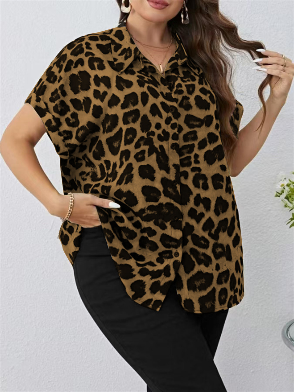Gibsie plus size kvinder kortærmet skjorte all-match leopardprint top dame løs afslappet strandferie bluser med knapper