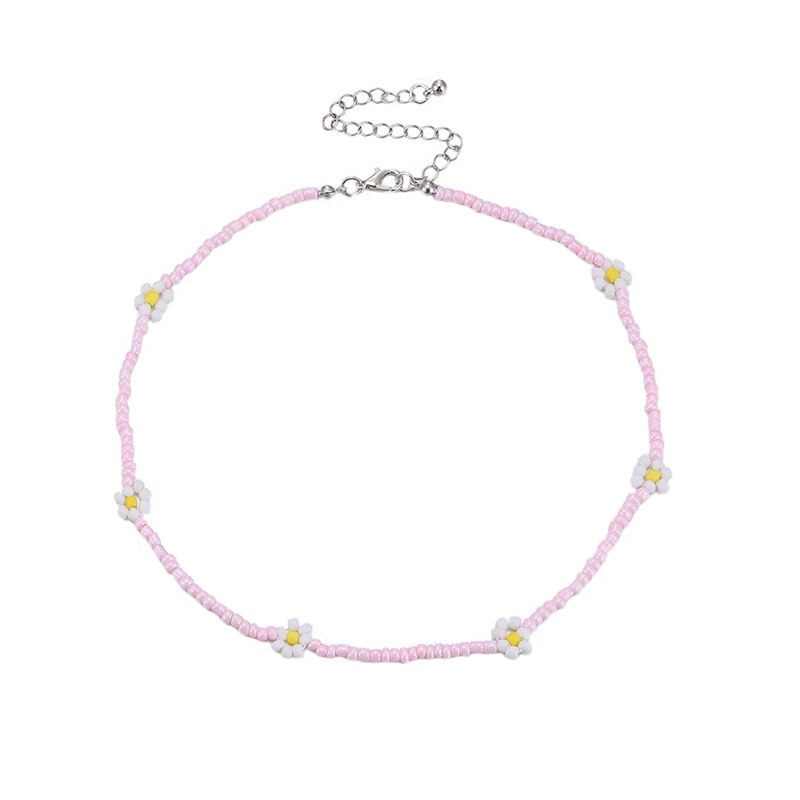 Korea Lovely Daisy Flowers Colorful Beaded Boho Statement Short Choker Necklace for Women Vacation Jewelry: Color 14