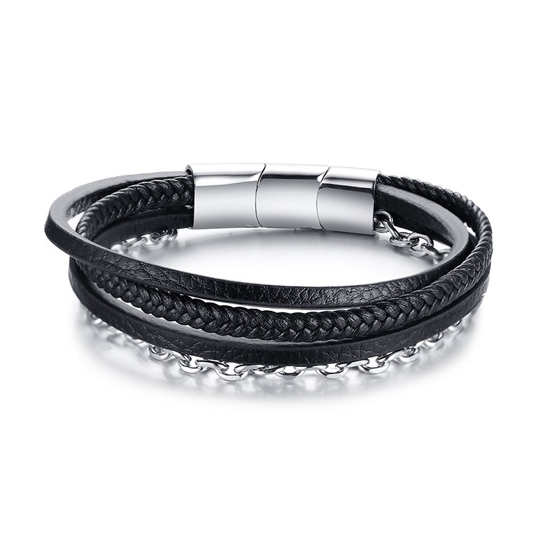 Klassisk sort charm armbånd og udvid magnetspænde titanium stål o kæde flettet læder armbånd kvinder: 19cm
