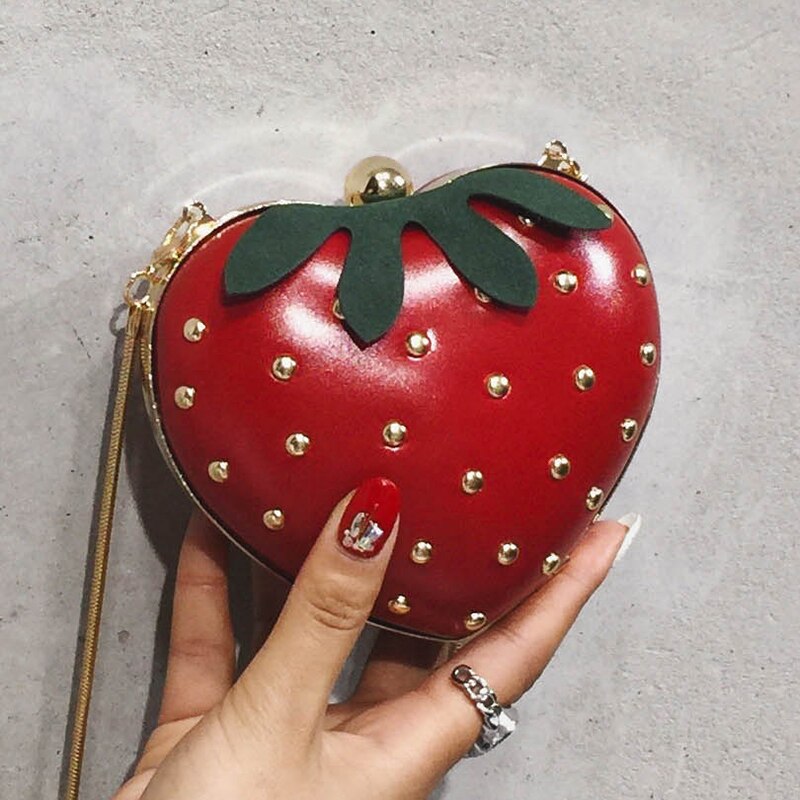 Carino Frutta Fragola a Forma di Cuore Dell'unità di elaborazione del Ribattino Mini Signore di Modo Della Catena Della Borsa Della Frizione del Sacchetto di Tote del Sacchetto di Spalla Femminile Borsa Lembo q5: Rosso