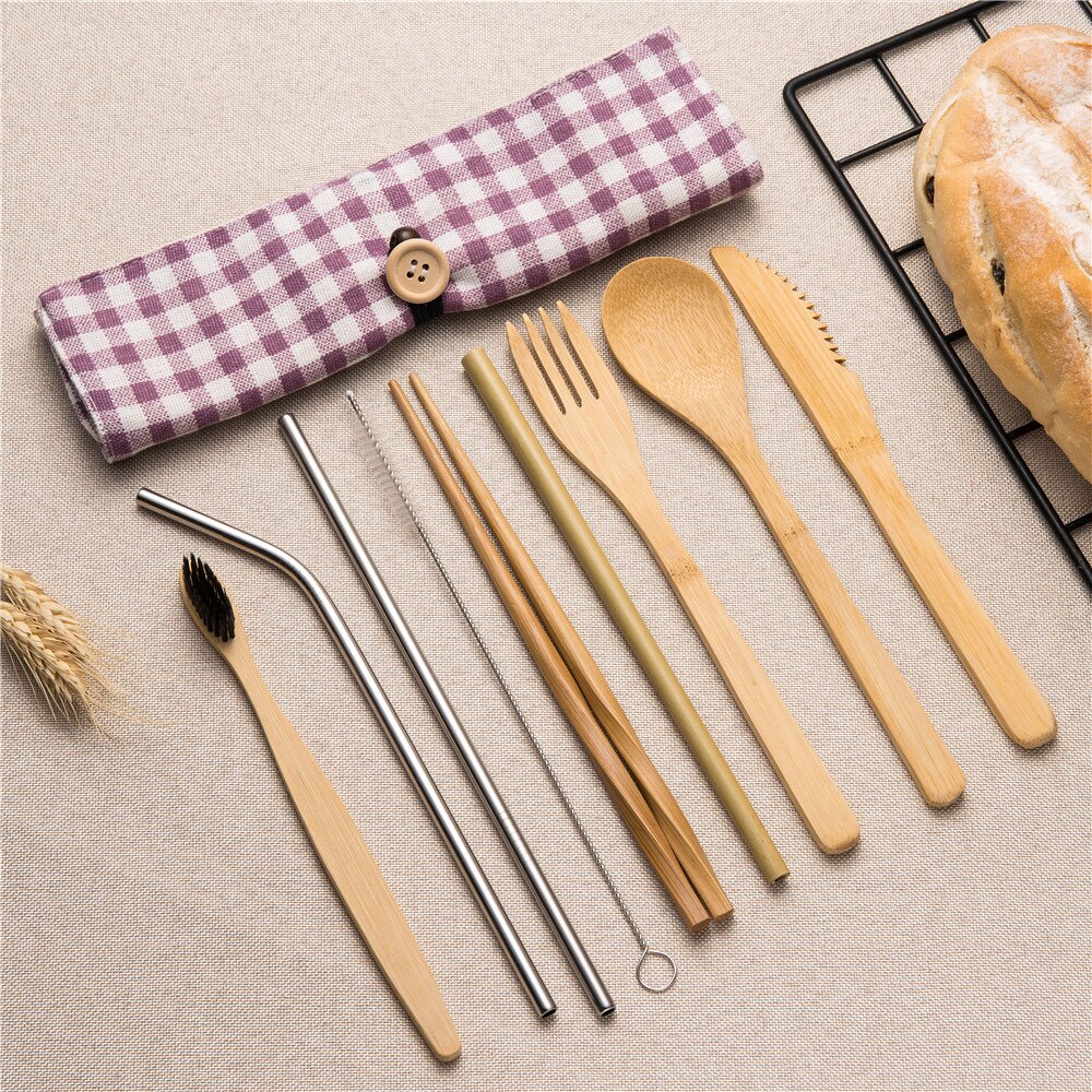 10 stuks Herbruikbare Bamboe Bestek Set Draagbare Servies Houten Bestek Vork Lepel Mes Set met Bestek Tas voor Travel Dinning set: 10pcs set008