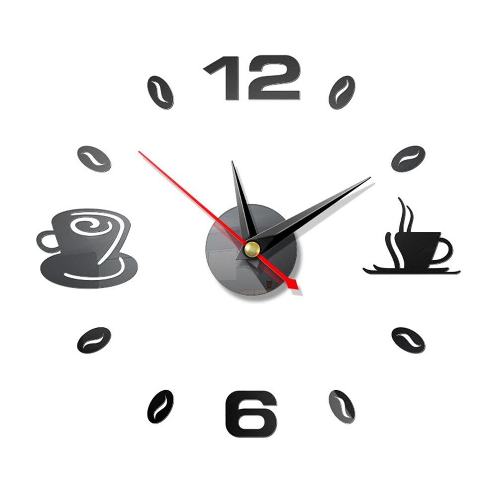 Grande horloge murale auto-adhésive, décoration silencieuse 3D, horloge de cuisine surdimensionnée, autocollant mural en acrylique, miroir: Mirror black