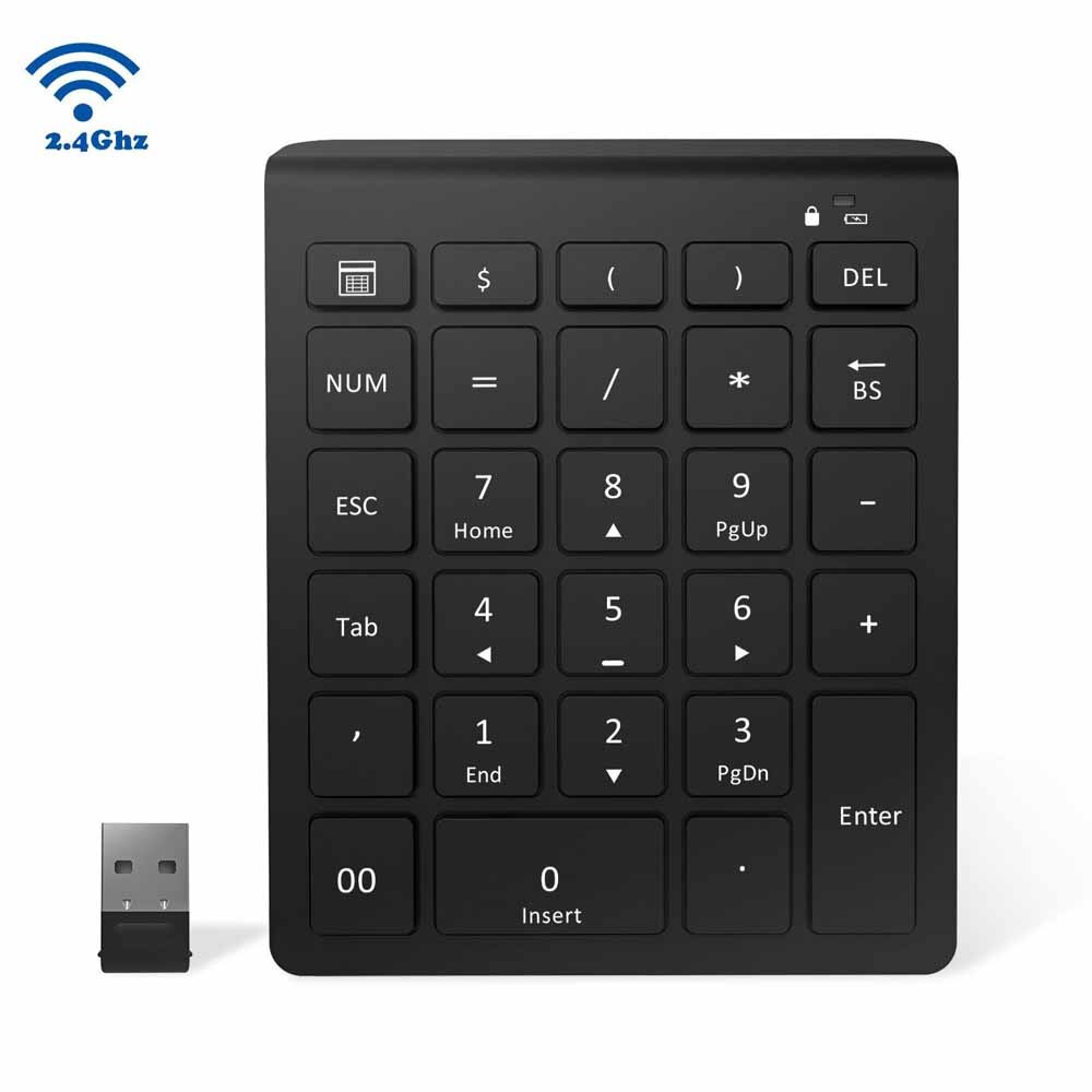 AVATTO Ultra Slim 28 Keys Bluetooth Numeric Keypad Number Pad with Scissor-Switch Mini Digtal Keyboard for PC Surface Pro Tablet: Black 2.4GHz MN06