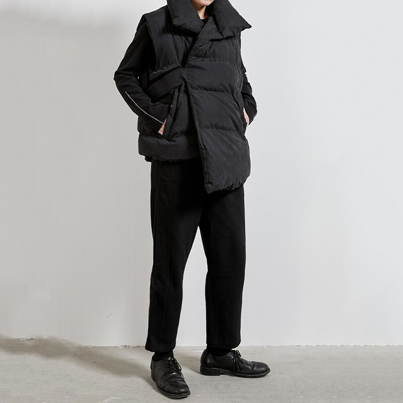 [Eam] feminino preto assimétrico tamanho grande algodão-acolchoado solto ajuste colete nova lapela sem mangas moda maré primavera outono 2020 1n320